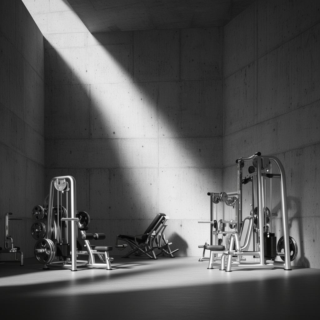 Minimalist gym interior with silver equipment